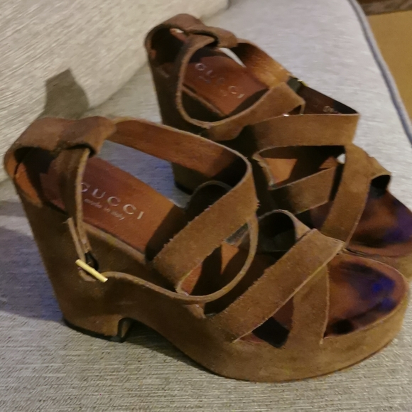 GUCCI Brown Suede Strap Wedge Platform Heels 7B - Picture 2 of 7